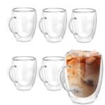Set 6 tazze vetro borosilicato doppia parete 340 ml cappuccino the caffè manico