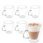 Set 6 tazze vetro borosilicato doppia parete 270 ml cappuccino the caffè manico