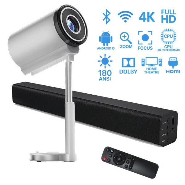 Proiettore con Soundbar Home Theatre 180ANSI 4K UHD Wifi 5G Android 13 CPU Fast