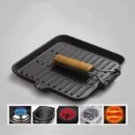 Bistecchiera ghisa quadrata griglia antiaderente manico legno piastra 24x24 cm - immagine 6