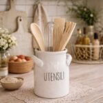 Set 4 utensili legno con supporto ceramica bianco shabby portautensili cucina - immagine 2