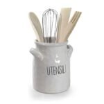 Set 4 utensili legno con supporto ceramica bianco shabby portautensili cucina - immagine 5