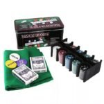 Set completo da Poker 200 Fiches 2 mazzi carte Scatola Metallo Tappetino Gioco - immagine 2
