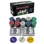 Set completo da Poker 200 Fiches 2 mazzi carte Scatola Metallo Tappetino Gioco - immagine 3