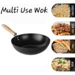 Wok Padella Alta diametro 28 cm acciaio brunito antiaderente manico in legno - immagine 3