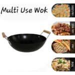 Wok Padella Alta diametro 28 cm acciaio brunito antiaderente 2 manici legno - immagine 3